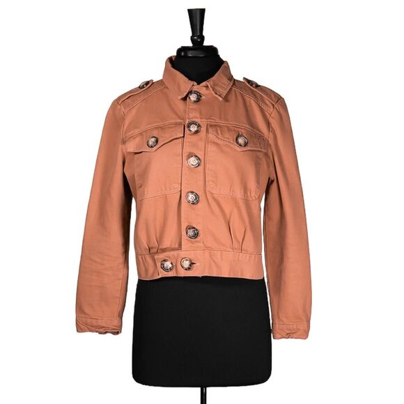 Free People Women's Jean Jacket Orange Button Pockets Collared Denim Cropped XS - Picture 1 of 10